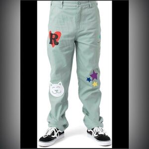 RIPNDIP Cat Play Date Patchwork Pants Green UFO Alien Peace Sign Unisex 30x27